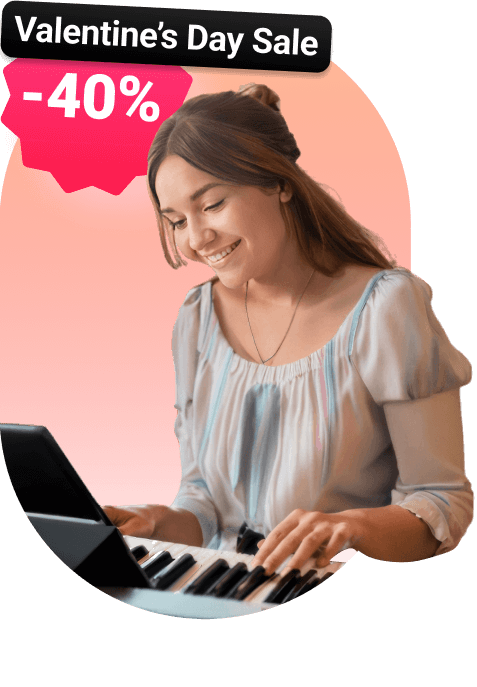 Woman playing piano in her living room